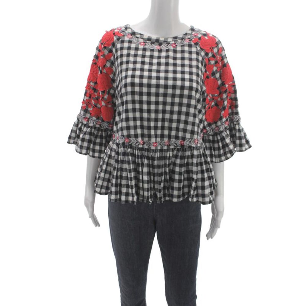 Pankaj & Nidhi Womens Tunic Blouse Black Cotton Round Neck 3/4 Sleeve Size M